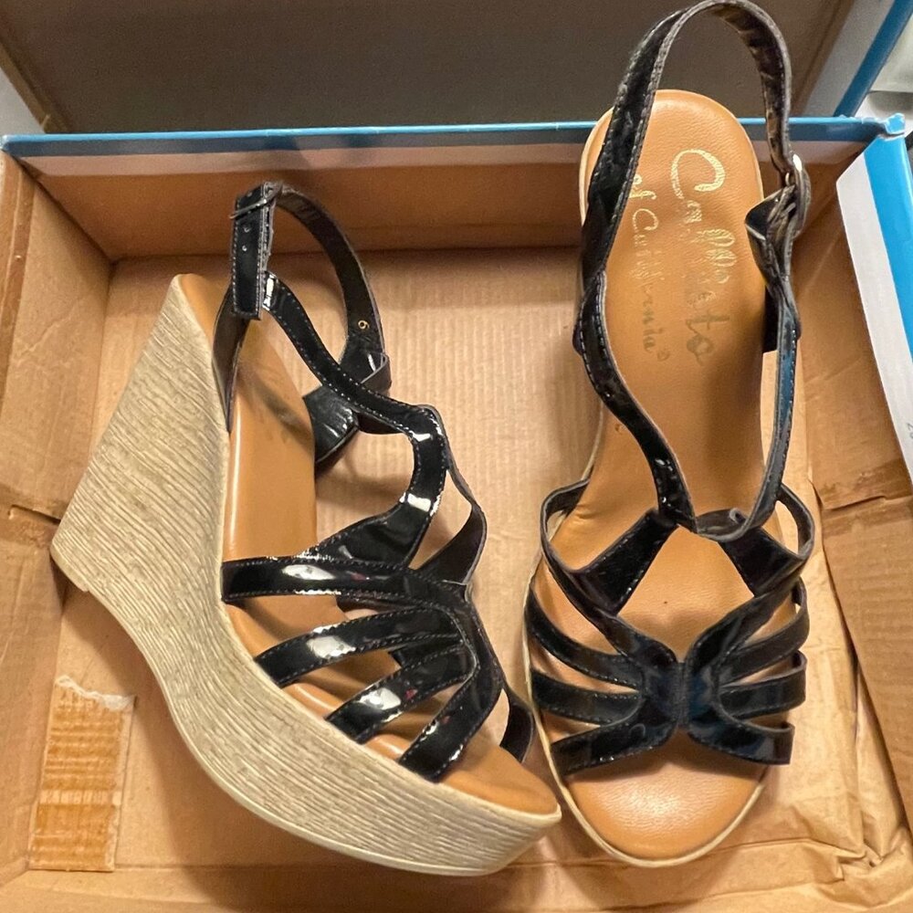 Callisto of California Black patent leather wedge Sandal